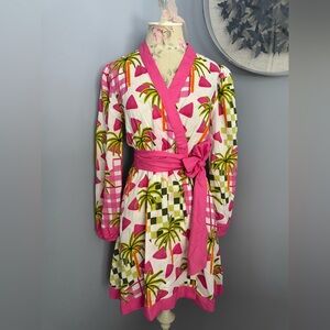 CELINA MOON Long Sleeve Palm Print Wrap Dress in Pink and Green